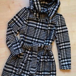 Zara Houndstooth Hooded Tie Up Coat M